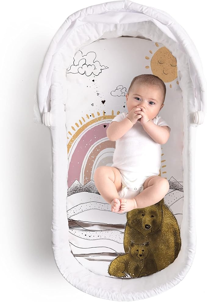 JumpOff Jo - Hypoallergenic Fitted Bassinet Sheet for Baby Boys & Girls - Rectangular, Hourglass & Oval Crib Compatible, Soft, Breathable, Machine Washable - Rainbow Bears