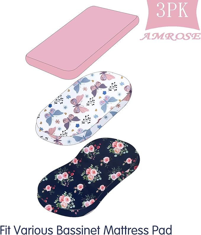 AMROSE 3 Pack Heavenly Soft Bassinet Sheets for Baby Girls, Universal Fitted for Various Cradle and Bassinet Mattress Pad, Silk Touch Gentle Breathable Microfiber, Floral & Butterfly