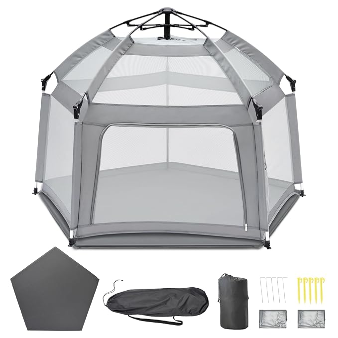 Portable Baby Playpen with Inflatable Mattress & Sunshade,Outdoor Baby Playpen for Babies and Toddlers,Foldable Pop Up Play Tent for Home, Park, Beach and Camping,Beach playpen-Light Gray