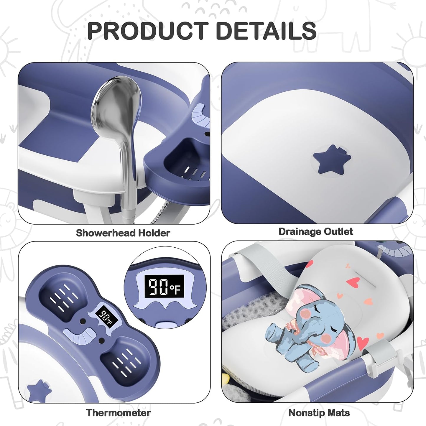 Collapsible Baby Bathtub,Baby Bath Tub with Soft Cushion & Thermometer,Baby Bathtub Newborn to Toddler 0-36 Months,Portable Travel Baby Tub