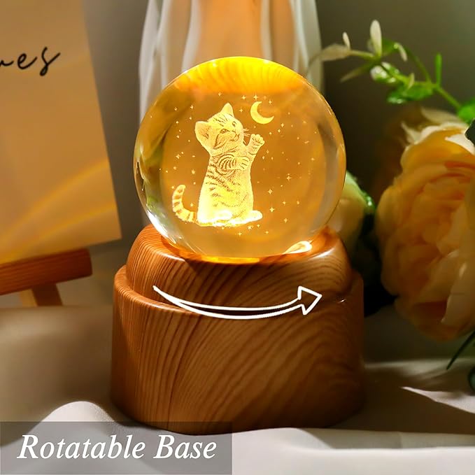 3D Cat Crystal Ball 2.36“ Engraved with Rotated Wood Base, Cat Lover Gifts for Women Girls Mothers Day Birthday Cats Decorative Globe Decor (Gifted Box)