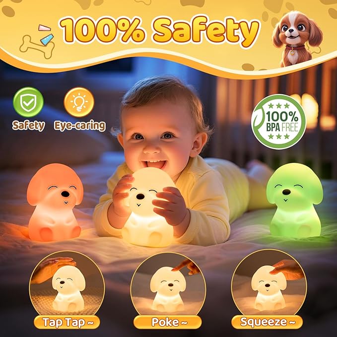 Night Light for Kids | 16 Colors & 2 Brightness & 30/60min Timer & Soft Silicone & 10h Use | Cute Night Light for Baby Nursery Kids Nightlight Dog Lamp, Kawaii Room Decor Puppy Gifts for Boys & Girls