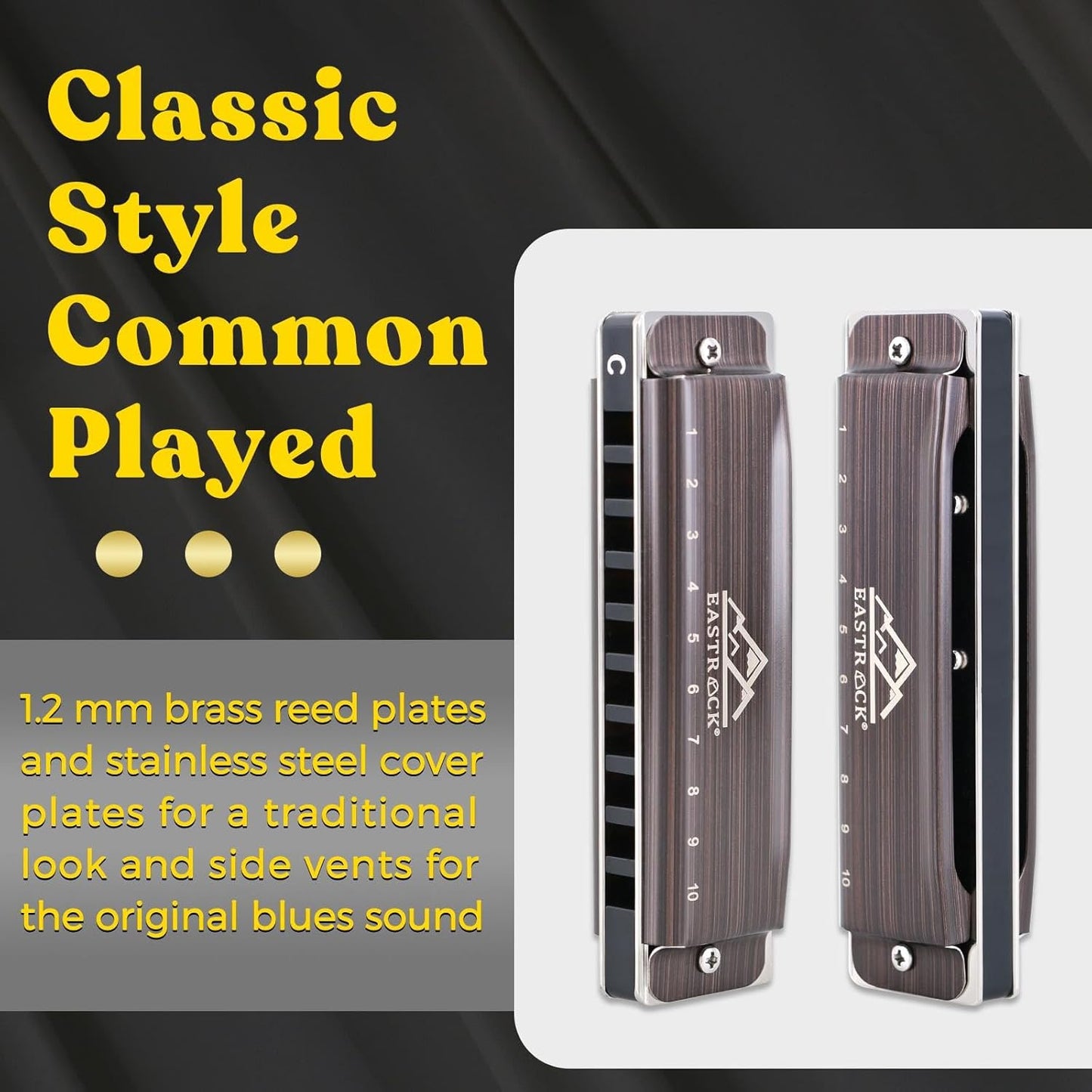 EastRock Harmonica, Blues Harmonica Mouth Organ 10 Hole C Key with Case, Diatonic Harmonica for Professional Player, Beginner, Students, Adult, Friends, Gifts（Brushed Metal）