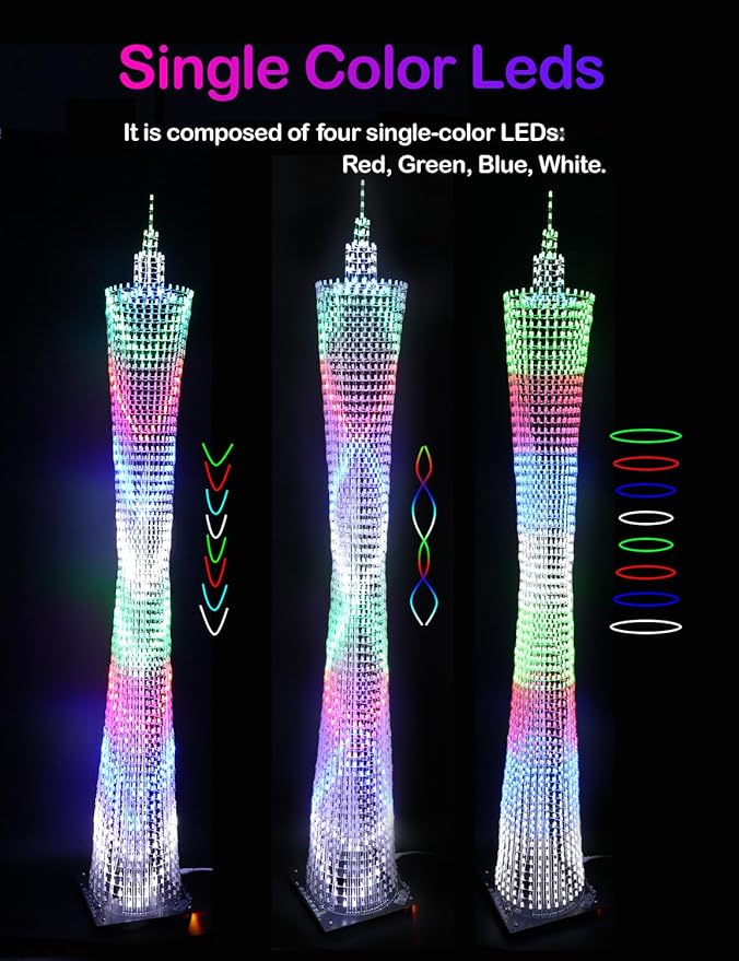 Led Canton Tower Model DIY Electronic Kit, LED Cube Model Handmade Soldering Project Kit, 64 LED Circles, Height 1 Meter. (GZT-64)