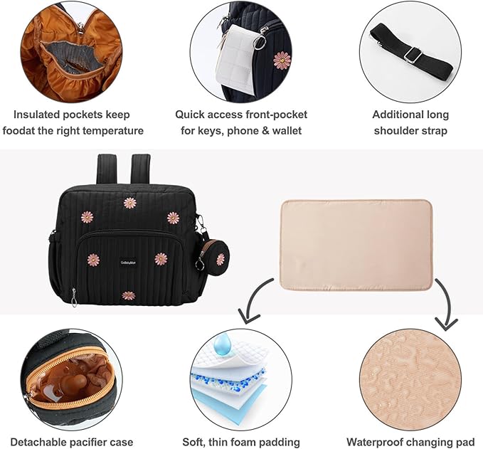 Diaper Bag Backpack, Medium Maternity baby bag & Changing Pad, Insulated Pockets, Stroller Straps & Pacifier Case (Medium - Black Flowers)