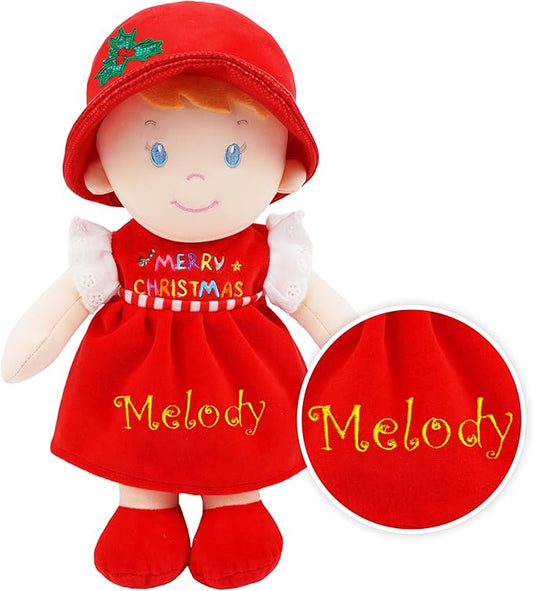 June Garden Personalized Soft Dolly Emilia - Stuffed Soft Baby Doll for Birth and Up with Custom Name - Christmas Special Edition