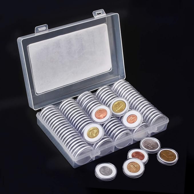 100 Pieces 30mm Coin Capsules and 5 Sizes (17/20/25/27/30mm) Protect Gasket Coin Holder Case with Plastic Storage Organizer Box for Coin Collection Supplies