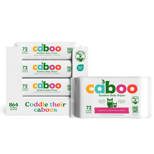 Caboo Baby Wipes, Made with Bamboo Viscose, Certified Made Safe Ingredients, Unscented Baby Wipes Good for Sensitive Skin, 72 Wipes Per Travel Pack, Bulk Total of 864 Wet Wipes