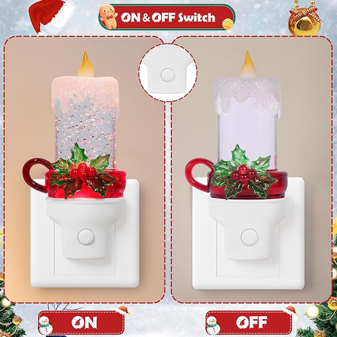 2 Pack Christmas Candle Night Light Plug into Wall Glitter Water Nightlight with USB/Outlet Options, Christmas Decorative Nightlight for Bedroom Kitchen Nursery Holiday Decorations Gifts (Candle)