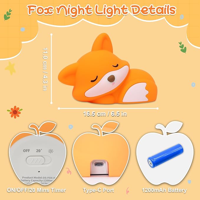 Fox Night Light for Kids, Cute Silicone Lamp with Rechargeable Dimmable 20 Mins Timer, Kids Bedside Decoration Light, Birthday Holiday Christmas Gifts Idea for Baby Girl Boy Friend