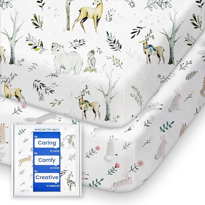 Ultra Soft Pack N Play Sheets - Fitted, Premium Jersey Knit, Stretchy Neutral, Woodland Mini Crib Sheets for Graco Pack and Play, 2 Pack (Deer&Rabbit)