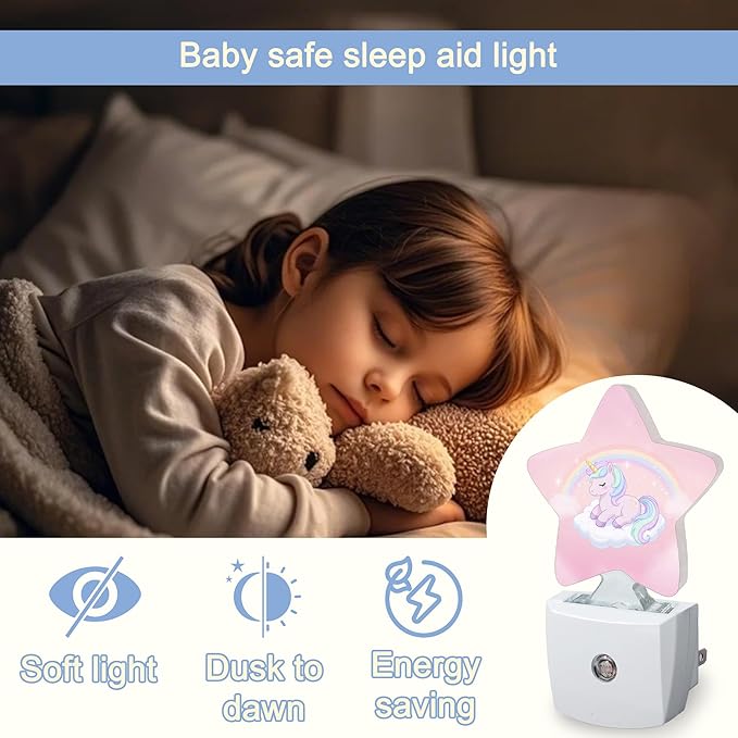 Rainbow Unicorn Dusk to Dawn Star Night Light,Cute Pink Sky Smart Sensor Nightlight for Bedroom Kitchen Hallway Stairs,Plug-in Energy Efficient Decor Desk Lamp Women Men Gifts