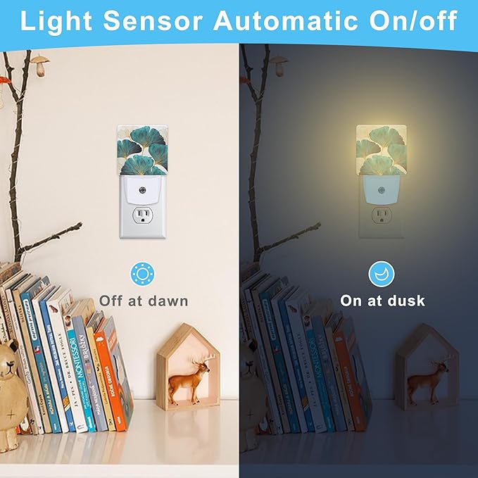 Ginkgo Leaves Green Plant Plug in Night Light with Auto Dusk to Dawn Sensor,Warm Night Lights for Boys Girls Bedroom Bathroom Hallway Kids Room Gifts