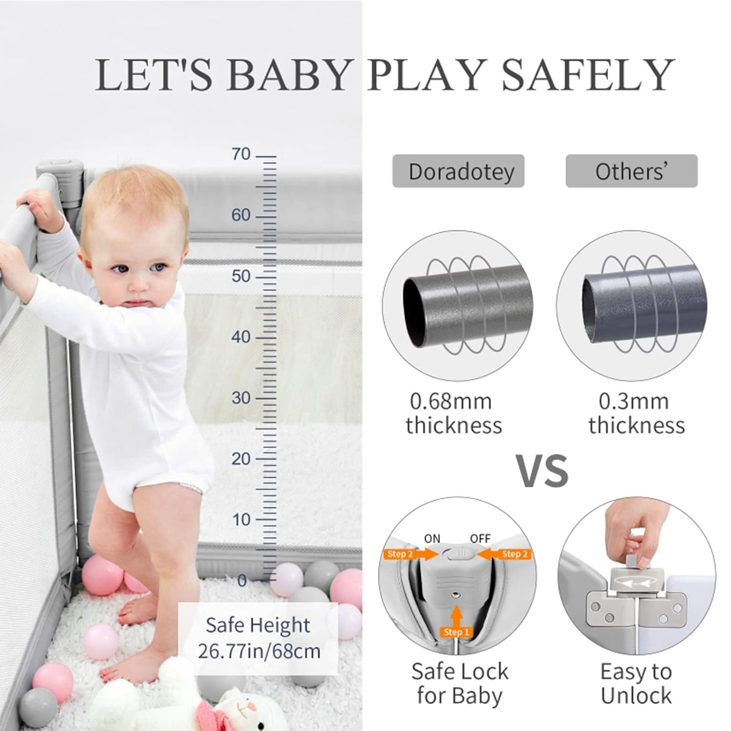 Foldable Baby Playpen, Shape & Size Adjustable Playpen for Toddler, 79x71 Large Play Pens Safety Mesh Foldable Playard for Babies, Portable Baby Fence Play Area Kids Play Pen, Grey