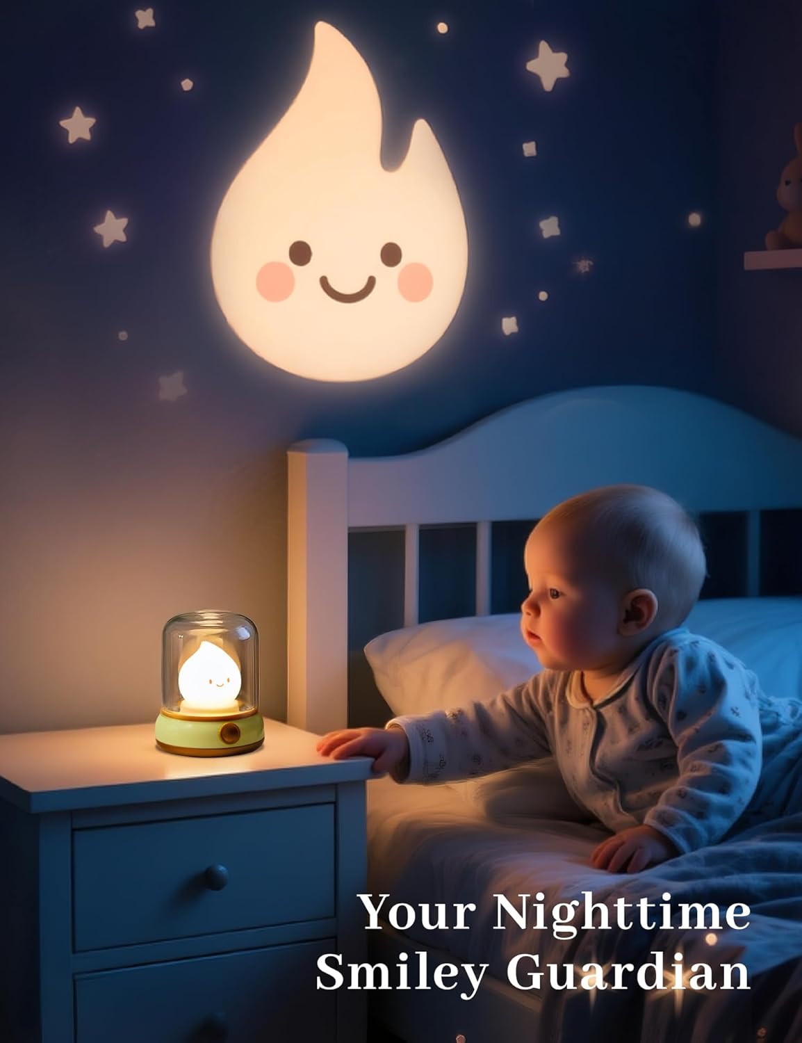 Smiley Night Light for Baby Nursery, Rechargeable Stepless Dimming Small Night Stand Lamps, Cute Forest Green Vintage Lamp Decor Essentials for New Mom, Kids, Baby, Toddler