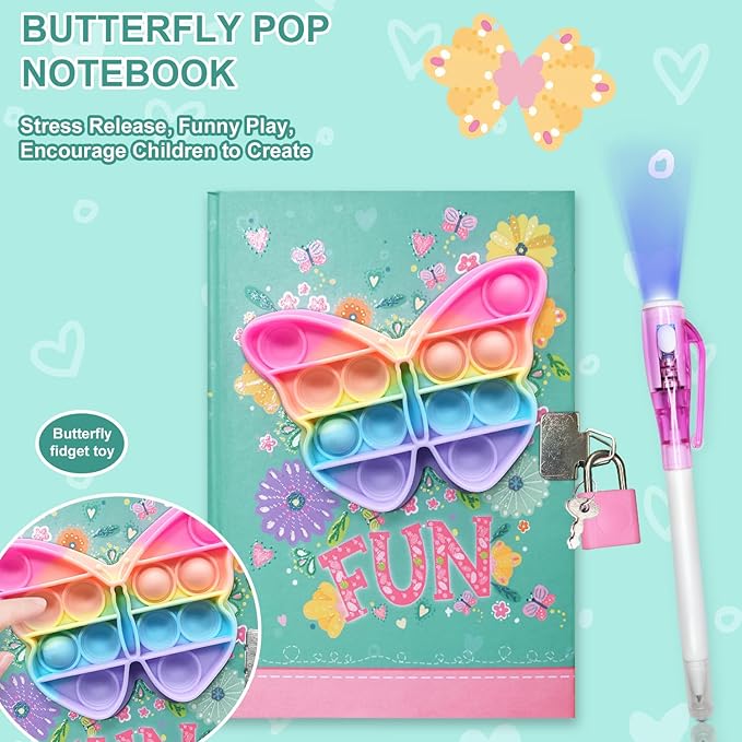 Pop Girls Diary with Lock and Invisible Ink Double-end Pen, 7.5x5.4 Inch 160 Lined Page Fidget Butterfly Girl Journal for Kids Secret Notebook Pen Set Birthday Gifts for Girls 5 6 7 8 9 10 Years Old