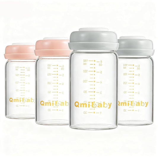 Breast Milk Storage Bottles 180ml 6oz BPA-Free Leak-Proof Baby Bottle for Breastmilk Storage Wide Neck Bottles with Screw Ring Sealing Disk Breastfeeding (Grey+Pink, 180ml-4Packs)