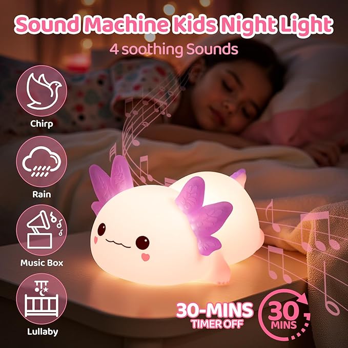 Huggwaii Squishy Axolotl Night Light for Kids, 4 Soothing White Noise Sounds, Dimmable Silicone Axolotl Lamp Toddler Light, Upgraded Rechargeable Animal Nightlight ,Baby Gifts & Girls Room Decor