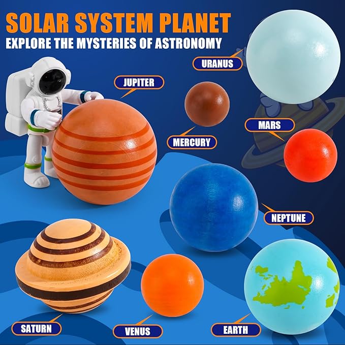 COOLDUCK 30 Pcs Wooden Solar System Model Board Toy Kit, Montessori Planet Balls Toys with Astronaut Figures, Preschool Learning Educational Puzzle, Space Knowledge Flash Cards Learning Toys for Kids