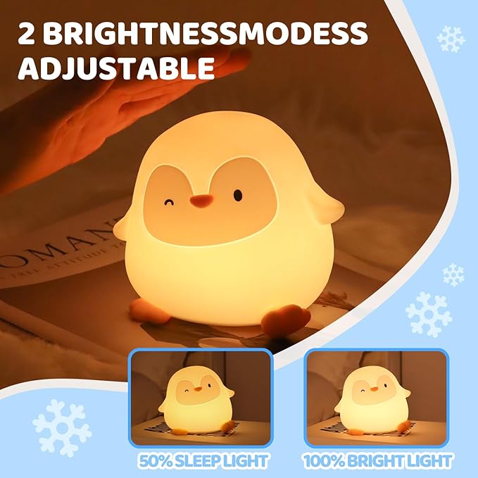 Squishy Penguin Silicone Night Light for Kids - USB Rechargeable LED Lamp with Soft Touch, Long Lasting Battery & Touch Control - Cute Penguin Light for Kids Room, Decor & Gifts