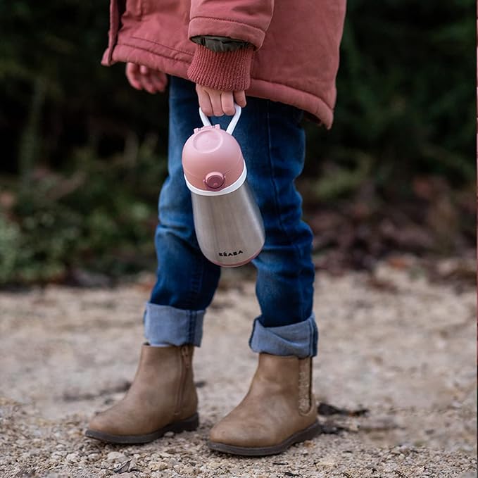 BEABA Kids Stainless Steel Insulated Water Bottle, Kids Water Bottle, Toddler Thermos with Spill Proof Spout and Close Top, Perfect for Travel, (Rose)