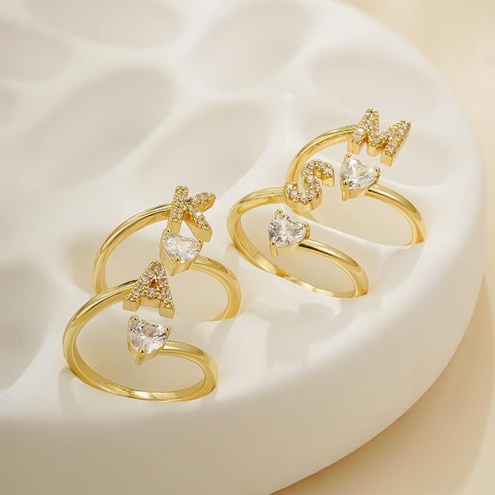 Initial Gold Rings for Girls Women - Dainty 14K Gold Plated Adjustable Letter A-Z Rings Teen Girls Gifts Trendy Stuff Heart CZ Initial Ring Teens Birthday Gift for Girls Non Tarnish