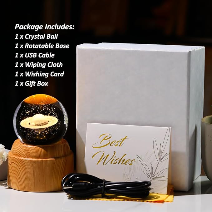 3D Saturn Crystal Ball 2.36“ Engraved with Rotated Wood Bases, Crystal Sphere Saturn Lamp Astronomy Gifts Physics Science Decor Space Gifts for Women Men