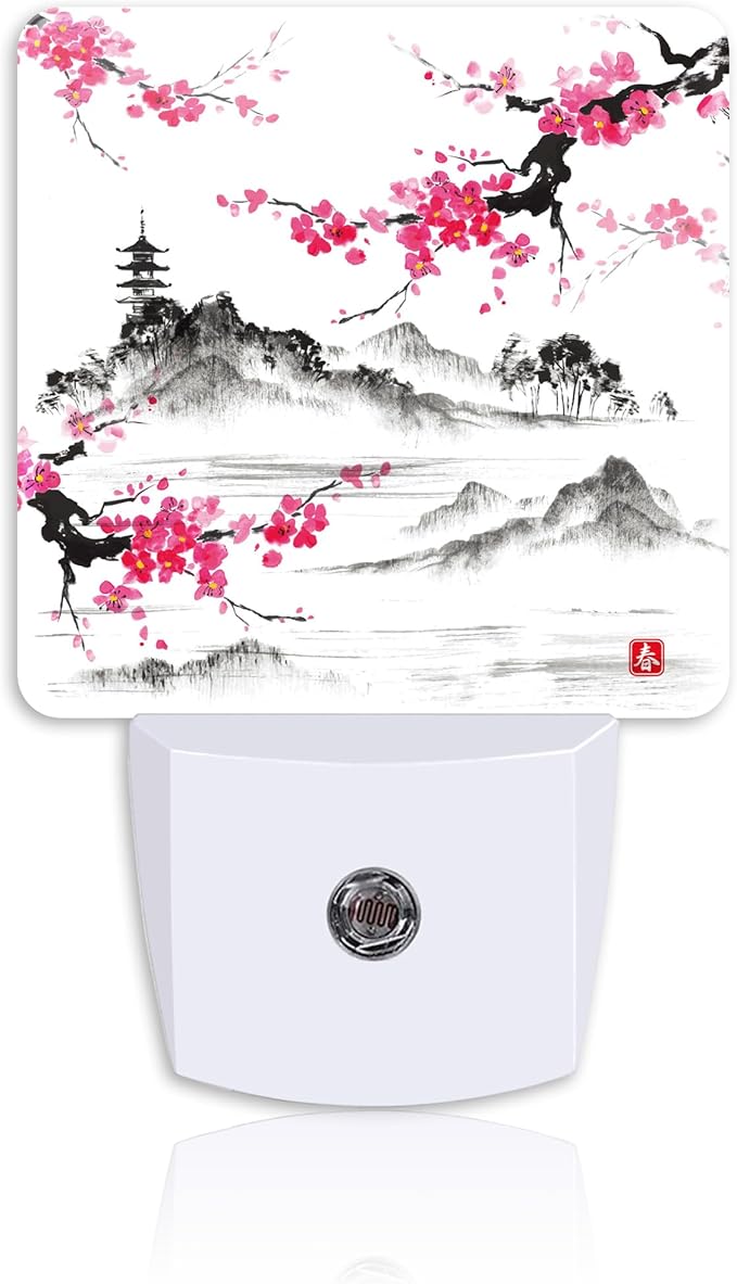 Cherry Blossom Lake and Hills Night Light Plug Wall,Japanese Sumi-e Painting LED Night Lights with Dusk to Dawn Light Sensor for Women Girls Boys Room Decor,Hallway,Kitchen,Bathroom,Nursery,Stairs