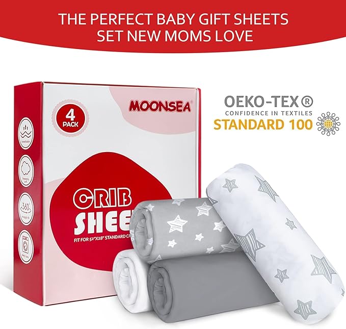 Crib Sheets for Boys or Girls 4 Pack, Fitted Crib Sheet for Standard Size Crib and Toddler Mattresses, Soft and Breathable Crib Sheets Baby Gift Boy Set, White