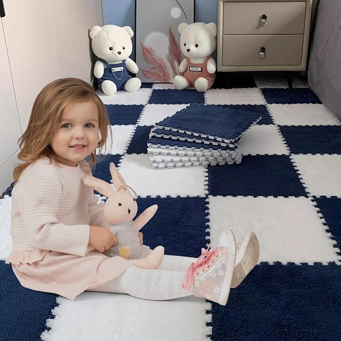 16pcs 0.6" Thickened Interlocking Tile Mats,Fluffy Shaggy Soft EVA Foam Area Rug for Living Room&Bedroom,Non-Slip Protective Floor Carpet Play Mat Kids Baby Dorm Home Decor 11.8ft (Navy Blue)