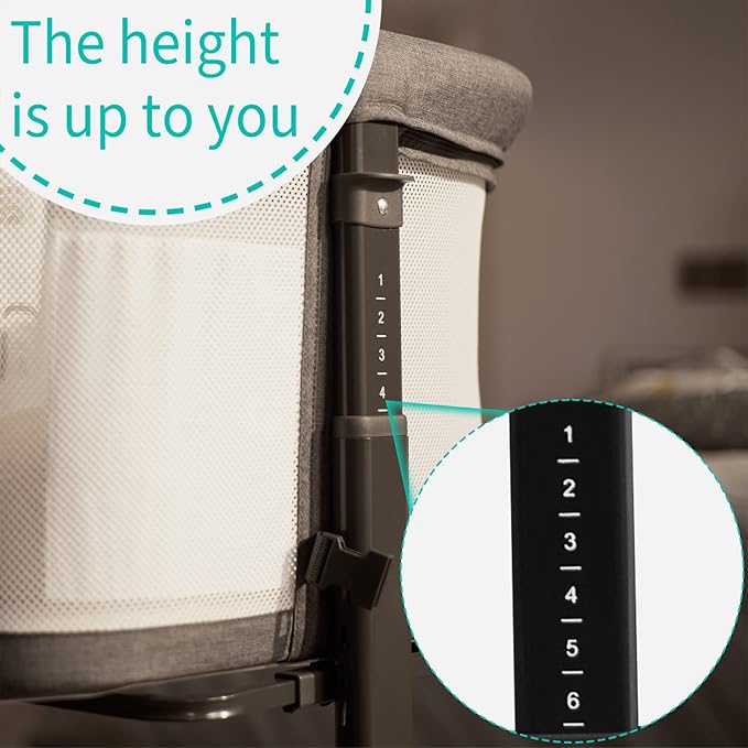 AMKE Baby Bassinet Bedside Sleeper, Portable Bassinet with Wheels, 6-Height Adjustable & Fold Down Side, Full Breathable Mesh Bedside Crib for Baby with Mattress Pad, Easy to Install, Dark Grey