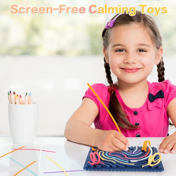 Sensory Activity Board, Silicone Fidget Toy for Stress Relief, Calming, Focus, ADHD and Autism, 6 Colors Sensory Toys Game Controller for Kids 2+ & Adults with 20 Strings (Navy Blue)