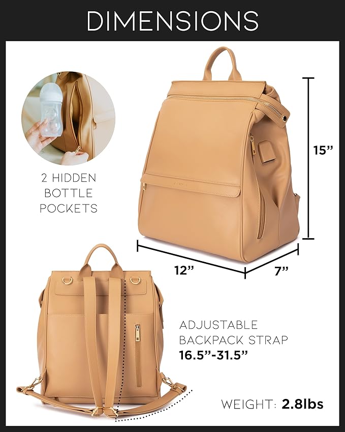 MIA + SOPHIA Leather Diaper Bag Backpack with USB Charging Port, Changing Pad, Stroller Straps, Bottle Holder (Brown Sophia)