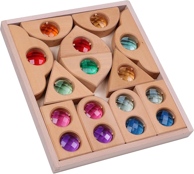 12PCS Acrylic Gem Fairytale Windows Blocks,Translucent Cubes Stacking Toys, Sparkling Acrylic Toy Wooden Stacking Blocks,Open Ended Play Montessori Educational Wooden Toys