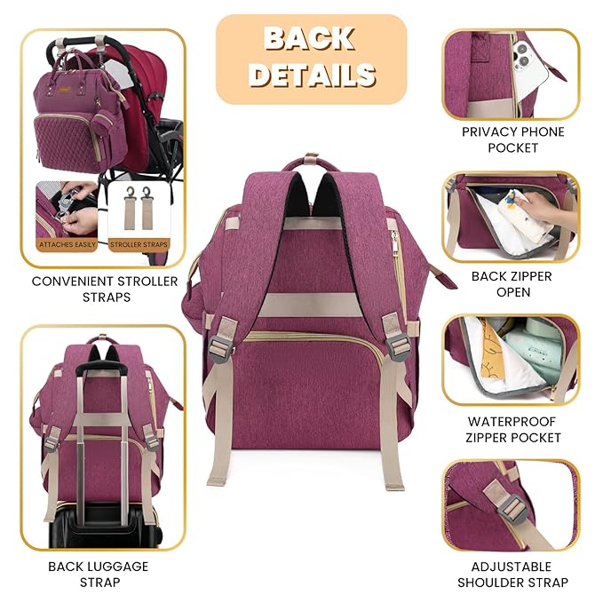 Diaper Bag Backpack with Changing Pad, Pacifier Case, Baby Bag for Boy Girl Toddler - Large, Stylish, Waterproof Travel Quilted Diaper Bag for Mom - Baby Shower - Purple