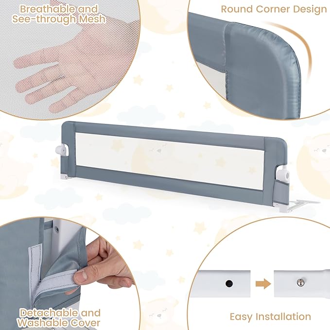 HONEY JOY Bed Rail for Toddlers, Extra Long, Foldable Portable Swing Down Safety Bed Guard Rail, Toddler Bed Rails for Crib, King Queen Full Twin Size Bed Mattress (Light Gray, 2 Pack, 71 Inch)