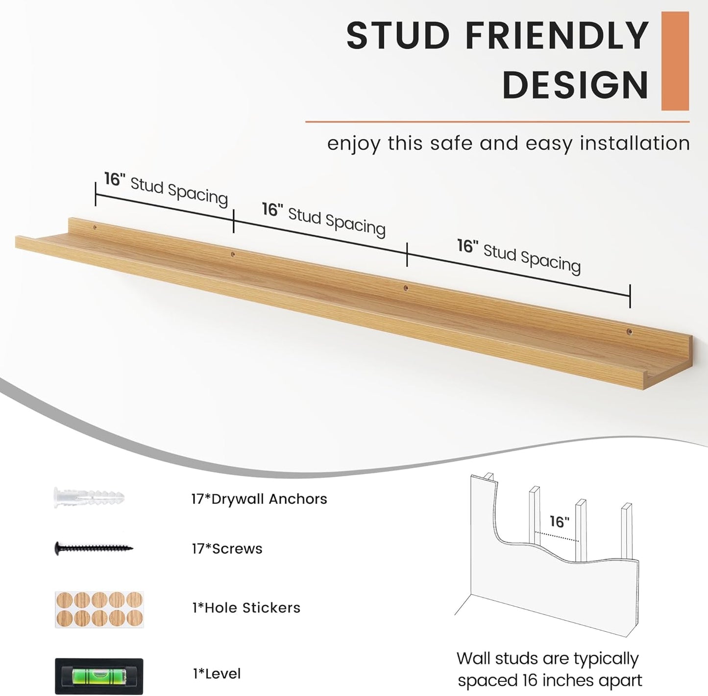 Floating Picture Ledge Shelves for Wall Set of 4, 56 Inch Wall Shelves with Lip Long Large Nursery Book Shelf for Toys Storage Kids Bookshelf Wall Mounted Living Room Bedroom Decor Frames