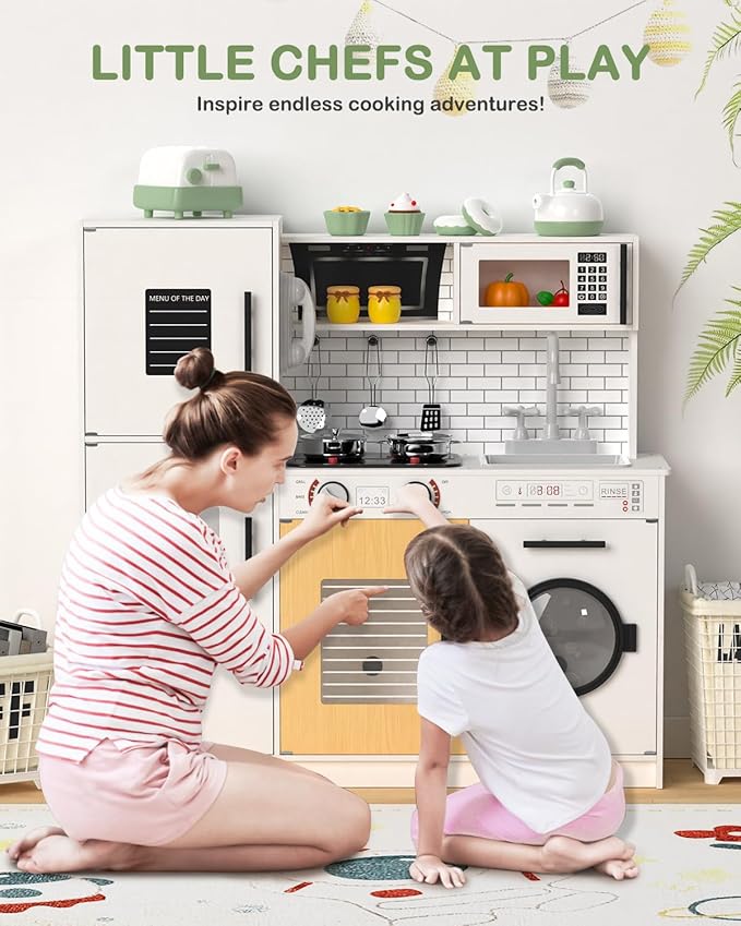 Babytronic Wooden Kitchen Playset for Kids, Interactive Play Kitchen with Lights & Sounds, Children Pretend Toy Kitchen Set with Faucet, Oven, Microwave, Kitchenware for Toddlers Ages 3+ (White)