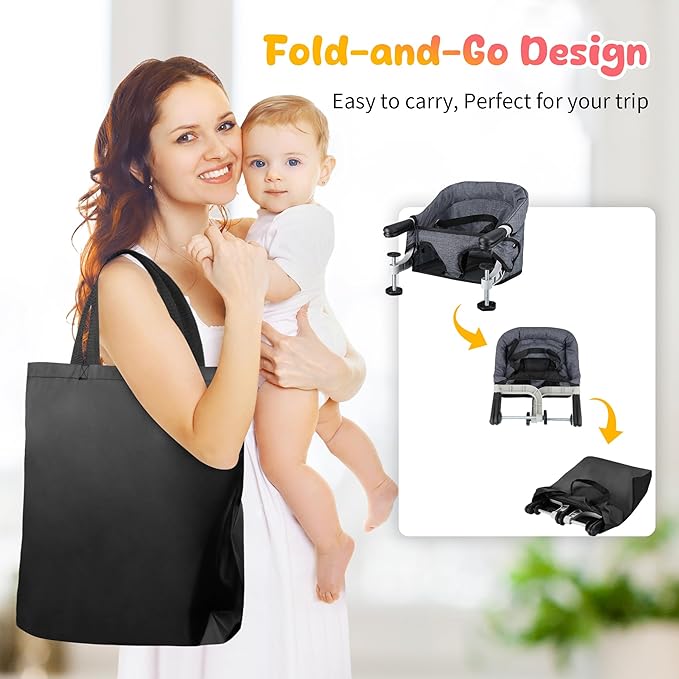 Hook On High Chair - Portable & Foldable Feeding Seat for Babies 6-36 Months, Home & Travel Use with Carry Bag (Grey)