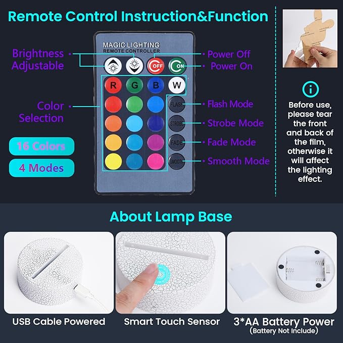 Cute Rabbit Night Light,Bunny 3D Lamp Girls Room Decor 16 Colors Changing for Kids Gifts for Christmas Birthday