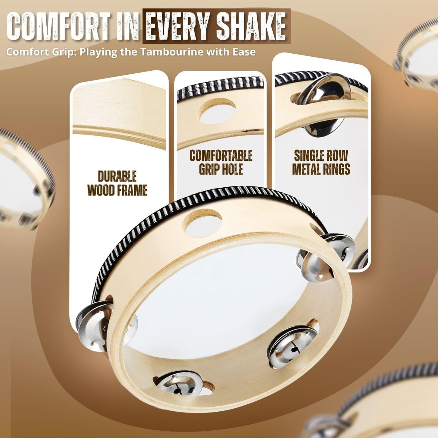 Flexzion Wooden Round Tambourine for Kids and Adults 6" Inch Single Row 8 Pair Jingles, Wood Handheld Percussion Instrument for Beginner and Professional Tambourine Player