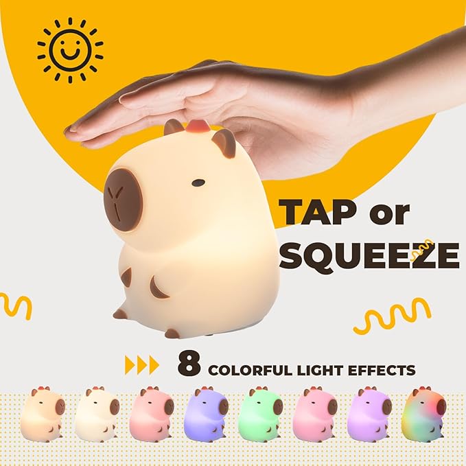 LED Squishy Animal Night Light - 2 Level Dimmable Nursery Lamp for Kids, Rechargeable Touch Lamp, Cute Dorm Decor - Perfect Baby Boys Girls Gift (Kapibala)