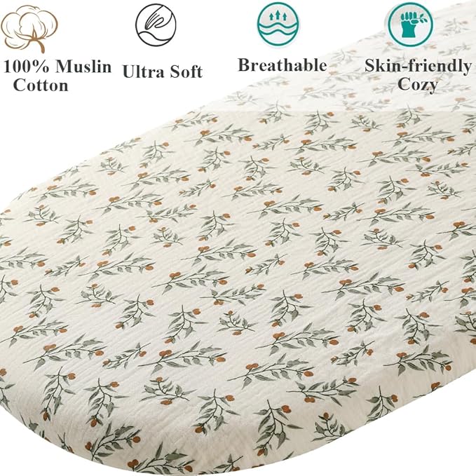 Muslin Bassinet Sheet Compatible with Munchkin, Graco Pack n Play Day2Dream Bassinet,Nordmiex Travel Portable Bassinet, 2 Pack Cotton Fitted Bassinet Sheets for Baby Roman Green & Botanical Leaf