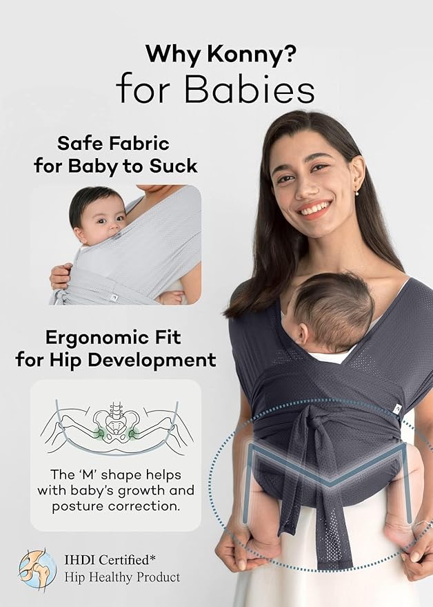 Konny Baby Carrier Flex AirMesh with Head Support- Adjustable, Easy to Wear Baby Wrap Sling, Perfect for Newborn Babies Essentials up to 44 lbs (XS-XL) - Cream