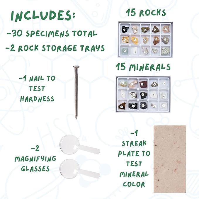 Toysmith STEM Rock & Mineral Science Kit for Kids – 30 Geology Specimens with Magnifying Viewer, Identification Guide & Testing Tools – Educational Toy for Young Geologists, Ages 8+