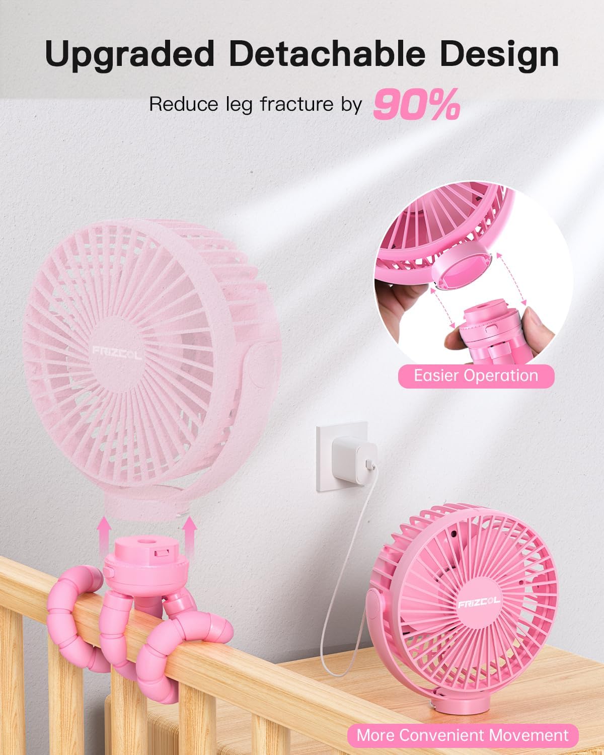 FRIZCOL 12000mAh Portable Stroller Fan, Use As Power Bank, 65H Battery Operated Fan Flexible Tripod Clip On Fans, Detachable Personal Handheld Baby Fans for Stroller, Car seat, Desk, Treadmill（Pink）