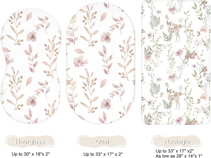 Bassinet Sheets for Baby Girls Boys 2 Pack, Fitted Baby Mattress Sheet for Rectangle, Oval, Hourglass Bassinet Mattress, Breathable Cozy & Universal Fit (Floral Fawn)