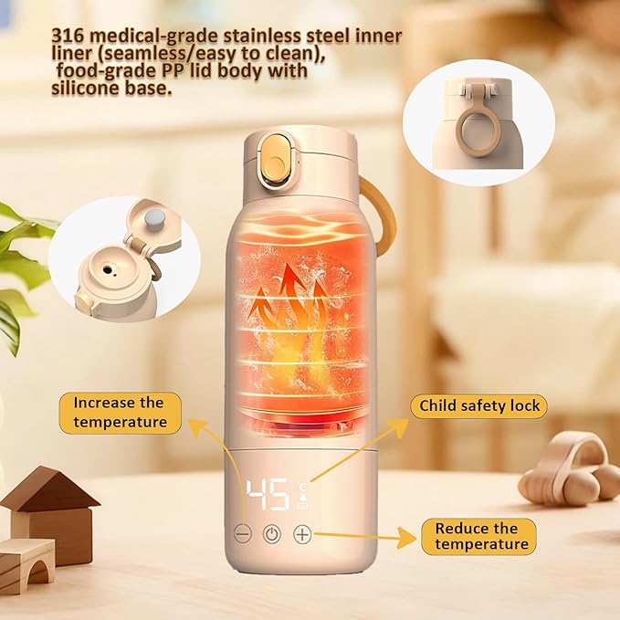 Portable Self-Heating Milk Warmer 520ml, 37-65°C Adjustable Bottle Warmer with Fast Heating & 10800mAh(Power Bank) Long Battery Life, 48W Fast Charge, 8H Heat Retention, Touch Control, LED Display