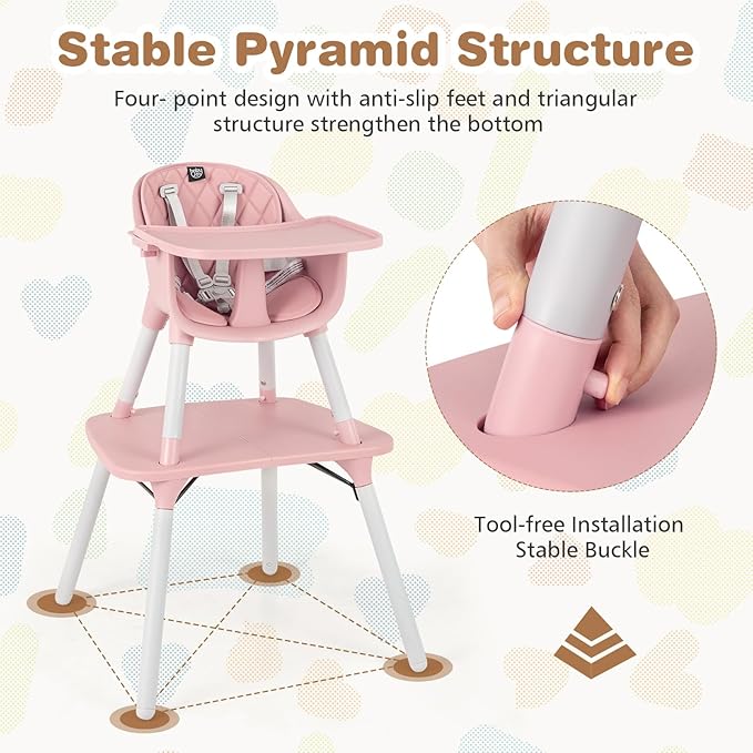 BABY JOY High Chair, 5 in 1 Convertible Highchair for Babies & Toddlers | Booster Seat | Table and Chair Set | Infant Feeding Chair with Removable Tray, Safety Harness, Removable Cushion (Pink)