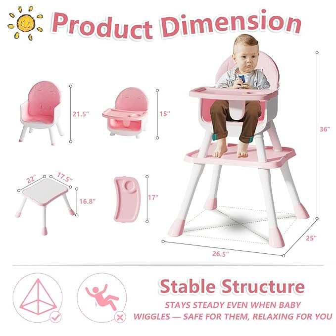 6 in 1 Baby High Chair for Babies and Toddlers, Booster Seat, Kids Learning Table & Chair (Pink)